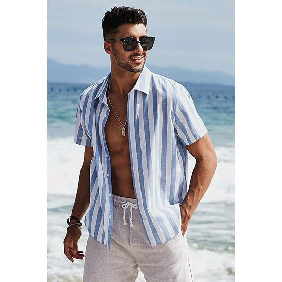 Casual Short Sleeve Button-Up Striped Cotton Shirts