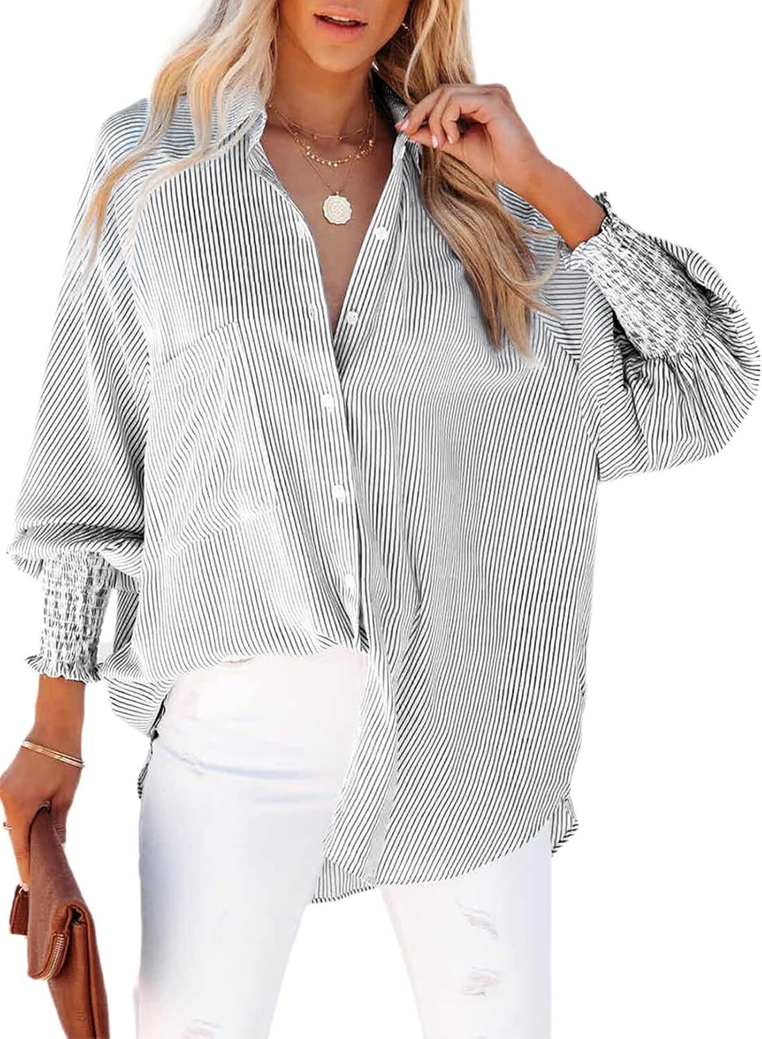 Women's Smocked Cuffed Striped Boyfriend Shirt with Pocket Casual Collar Long Sleeve Blouse Tops for Pocket Shirred.Clearance Items 2024