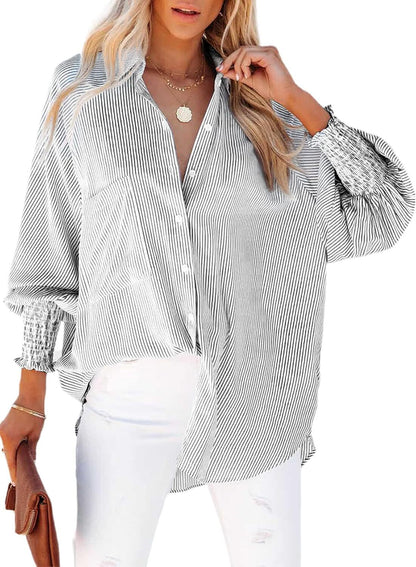 Women's Smocked Cuffed Striped Boyfriend Shirt with Pocket Casual Collar Long Sleeve Blouse Tops for Pocket Shirred.Clearance Items 2024