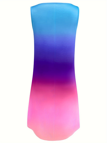Vibrant Ombre V-Neck Tank Dress - Soft Micro Elastic Polyester Casual Summer Dress for Women