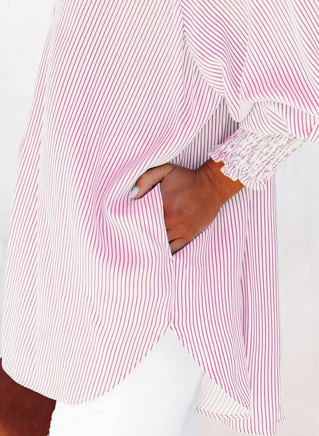 Women's Smocked Cuffed Striped Boyfriend Shirt with Pocket Casual Collar Long Sleeve Blouse Tops for Pocket Shirred.Clearance Items 2024