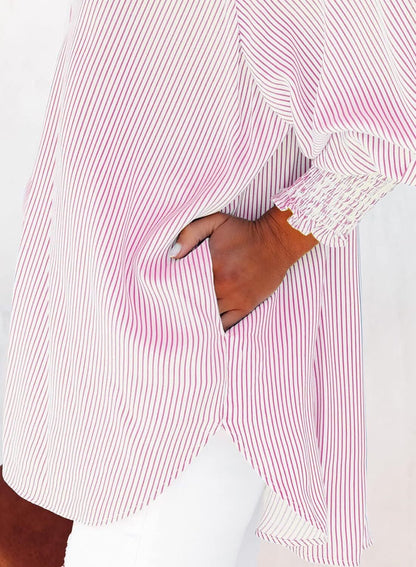 Women's Smocked Cuffed Striped Boyfriend Shirt with Pocket Casual Collar Long Sleeve Blouse Tops for Pocket Shirred.Clearance Items 2024