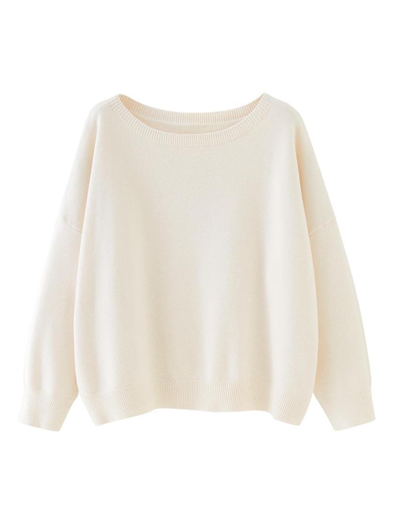 Women's Chic Plain Scoop Neck Knitted Long Sleeve Sweater, Lady Basic Comfort Drop Shoulder Crewneck Knitting Back To School Jumper, 2024 Knitwear Clothes, Womenswear