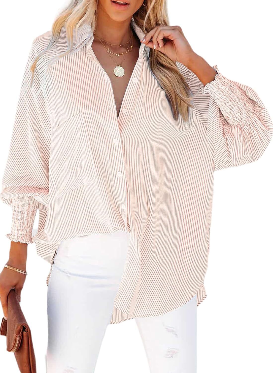 Women's Smocked Cuffed Striped Boyfriend Shirt with Pocket Casual Collar Long Sleeve Blouse Tops for Pocket Shirred.Clearance Items 2024