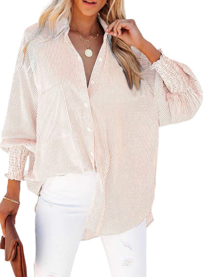 Women's Smocked Cuffed Striped Boyfriend Shirt with Pocket Casual Collar Long Sleeve Blouse Tops for Pocket Shirred.Clearance Items 2024