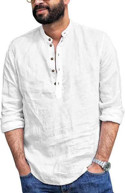 6-Pack Mens Linen Henley Shirt Casual Long Sleeve T-Shirt Summer Beach Plain Tee Tops💖Buy two packs for free shipping💖