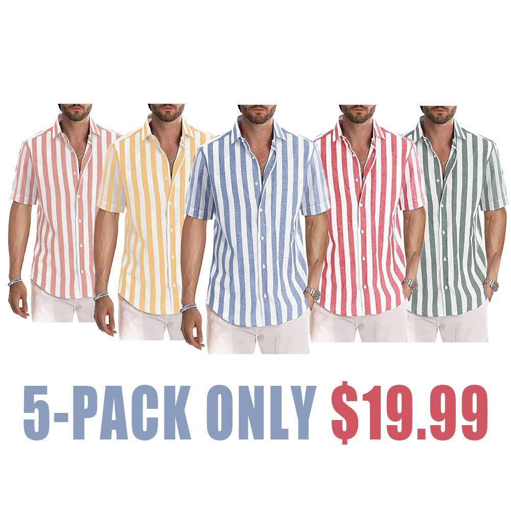 Casual Short Sleeve Button-Up Striped Cotton Shirts