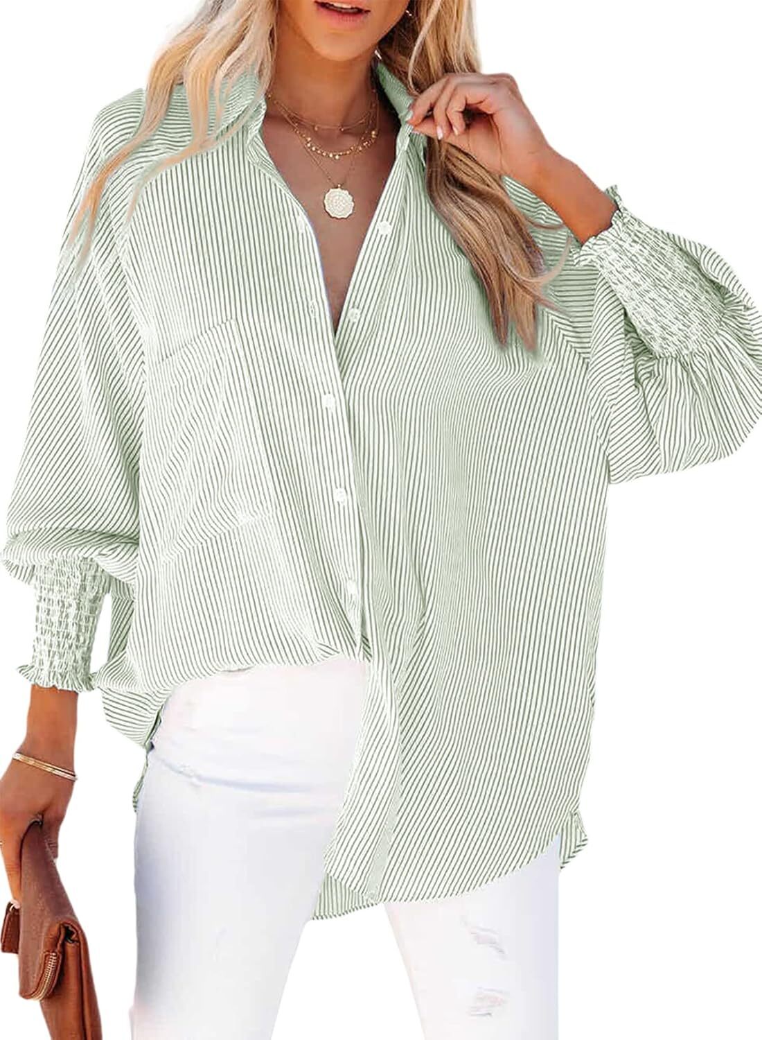 Women's Smocked Cuffed Striped Boyfriend Shirt with Pocket Casual Collar Long Sleeve Blouse Tops for Pocket Shirred.Clearance Items 2024