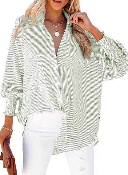 Women's Smocked Cuffed Striped Boyfriend Shirt with Pocket Casual Collar Long Sleeve Blouse Tops for Pocket Shirred.Clearance Items 2024