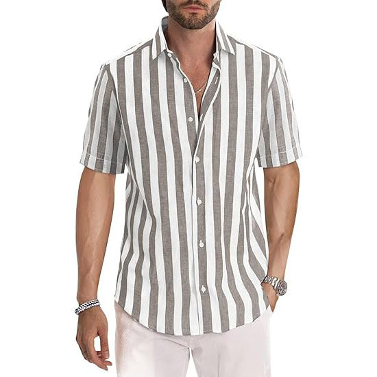Casual Short Sleeve Button-Up Striped Cotton Shirts