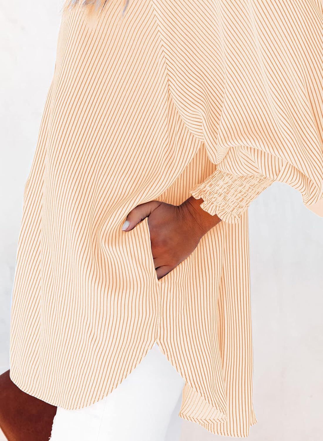 Women's Smocked Cuffed Striped Boyfriend Shirt with Pocket Casual Collar Long Sleeve Blouse Tops for Pocket Shirred.Clearance Items 2024