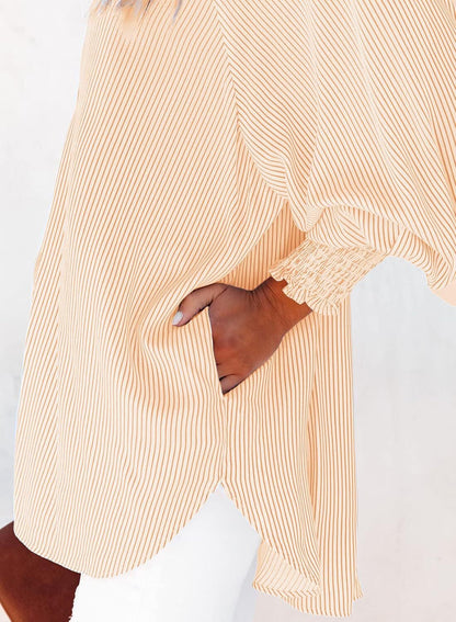 Women's Smocked Cuffed Striped Boyfriend Shirt with Pocket Casual Collar Long Sleeve Blouse Tops for Pocket Shirred.Clearance Items 2024