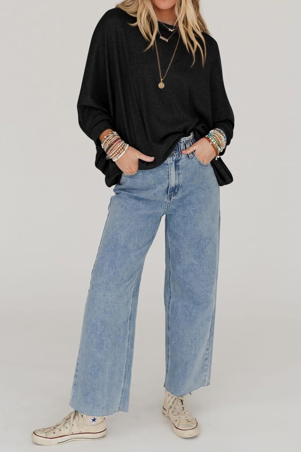 Women's Fall Sweaters 2024 Casual Oversize Pullover Batwing Long Sleeve Drop Shoulder Sweater Loose Knit Jumper Tops