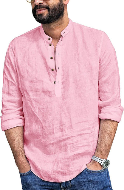 6-Pack Mens Linen Henley Shirt Casual Long Sleeve T-Shirt Summer Beach Plain Tee Tops💖Buy two packs for free shipping💖