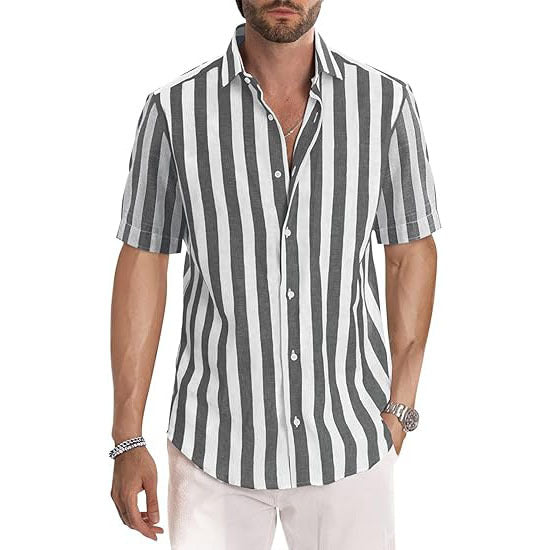 Casual Short Sleeve Button-Up Striped Cotton Shirts
