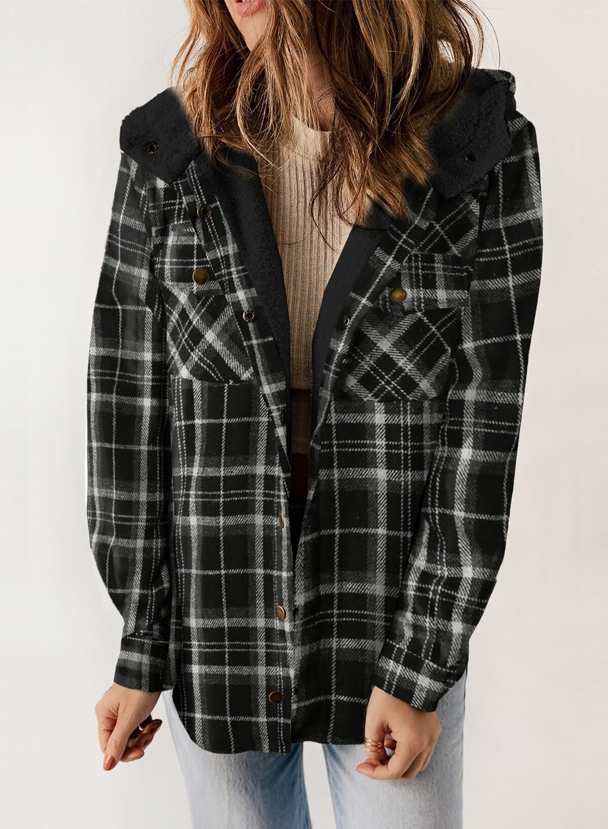 Women's Plaid Long Sleeve Button Fleece Hooded Jacket With Pockets