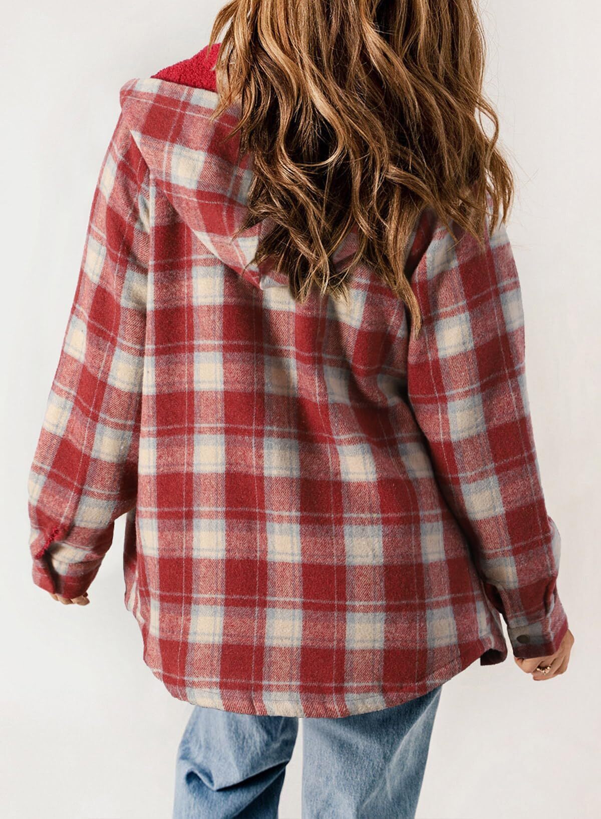 Women's Plaid Long Sleeve Button Fleece Hooded Jacket With Pockets