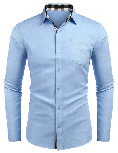 10-PARK Men's Cotton Aand Linen Simple Basic Plaid Pocket Classic Long-Sleeved Shirt