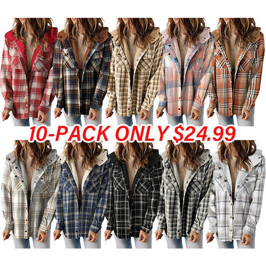 Women's Plaid Long Sleeve Button Fleece Hooded Jacket With Pockets