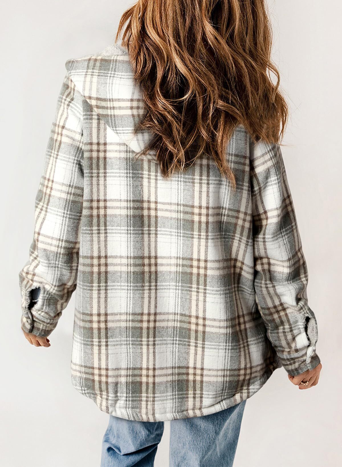 Women's Plaid Long Sleeve Button Fleece Hooded Jacket With Pockets