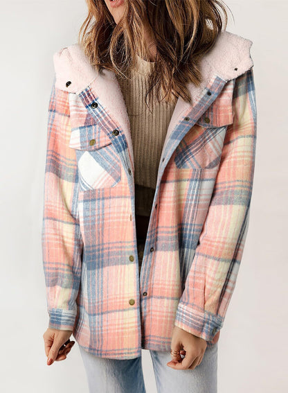 Women's Plaid Long Sleeve Button Fleece Hooded Jacket With Pockets