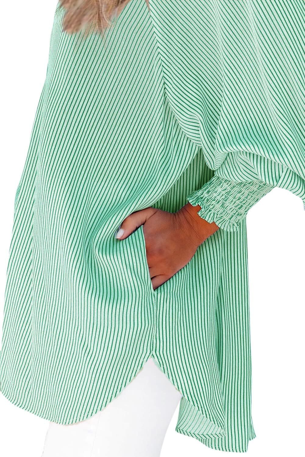 Women's Smocked Cuffed Striped Boyfriend Shirt with Pocket Casual Collar Long Sleeve Blouse Tops for Pocket Shirred.Clearance Items 2024