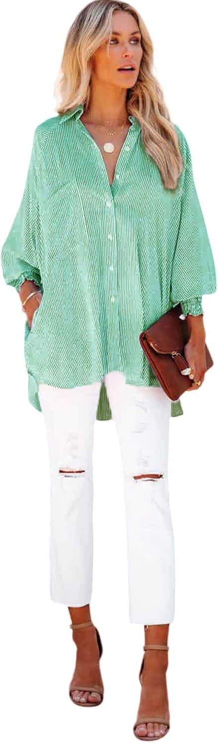Women's Smocked Cuffed Striped Boyfriend Shirt with Pocket Casual Collar Long Sleeve Blouse Tops for Pocket Shirred.Clearance Items 2024