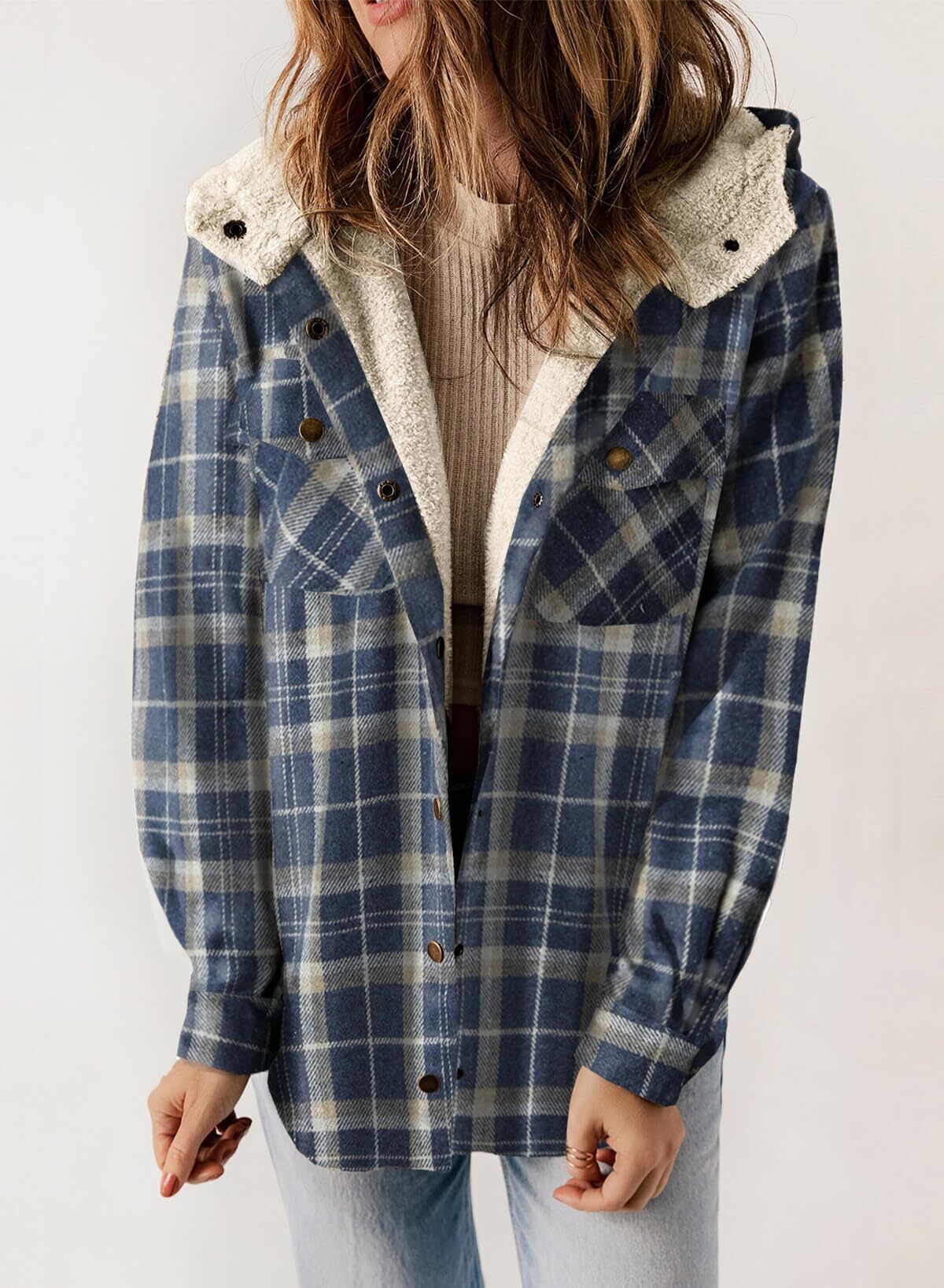 Women's Plaid Long Sleeve Button Fleece Hooded Jacket With Pockets