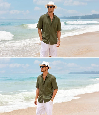 Mens Beach Linen Shirts Short Sleeve Cuban Button Down Casual Summer T Shirt Guayabera Hawaiian Tee Loose Fit Tops(💖Buy two, free shipping)