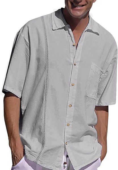 Mens Beach Linen Shirts Short Sleeve Cuban Button Down Casual Summer T Shirt Guayabera Hawaiian Tee Loose Fit Tops(💖Buy two, free shipping)