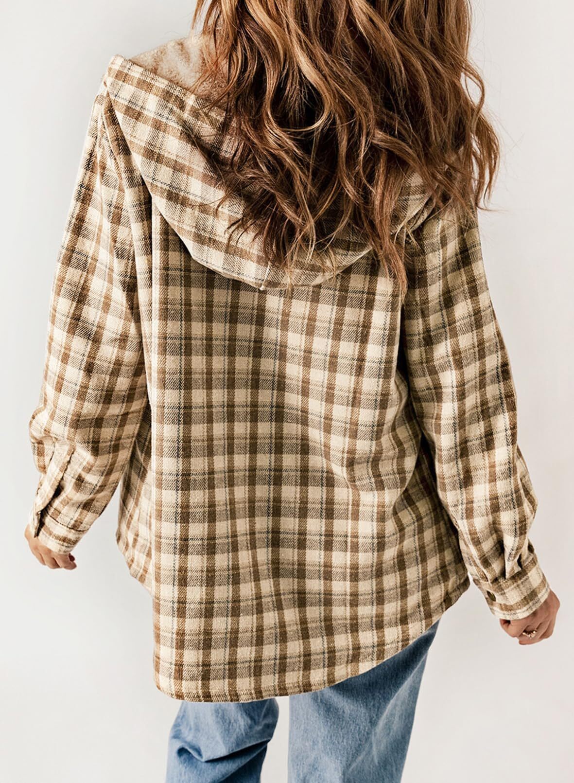 Women's Plaid Long Sleeve Button Fleece Hooded Jacket With Pockets