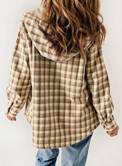 Women's Plaid Long Sleeve Button Fleece Hooded Jacket With Pockets