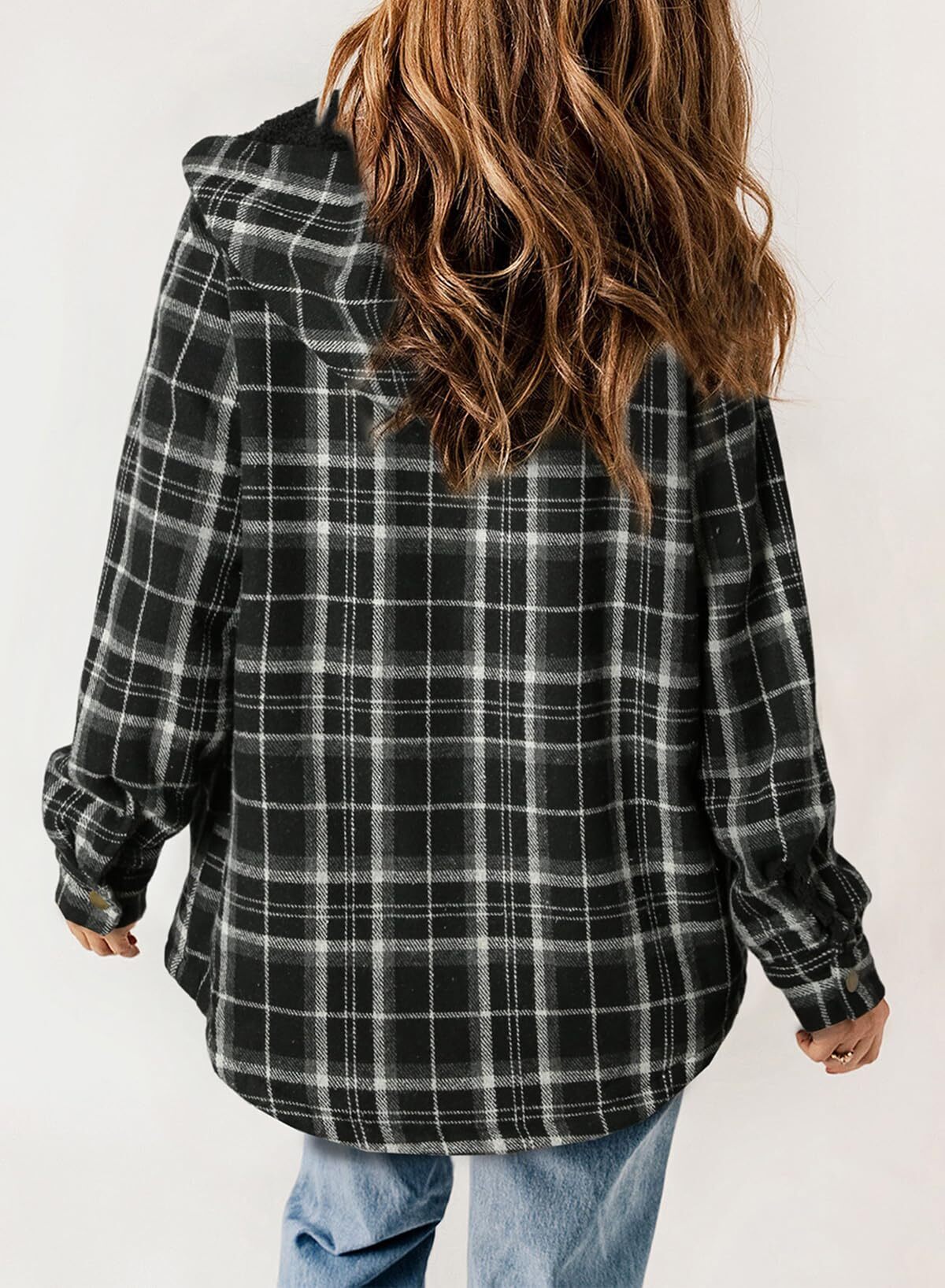 Women's Plaid Long Sleeve Button Fleece Hooded Jacket With Pockets