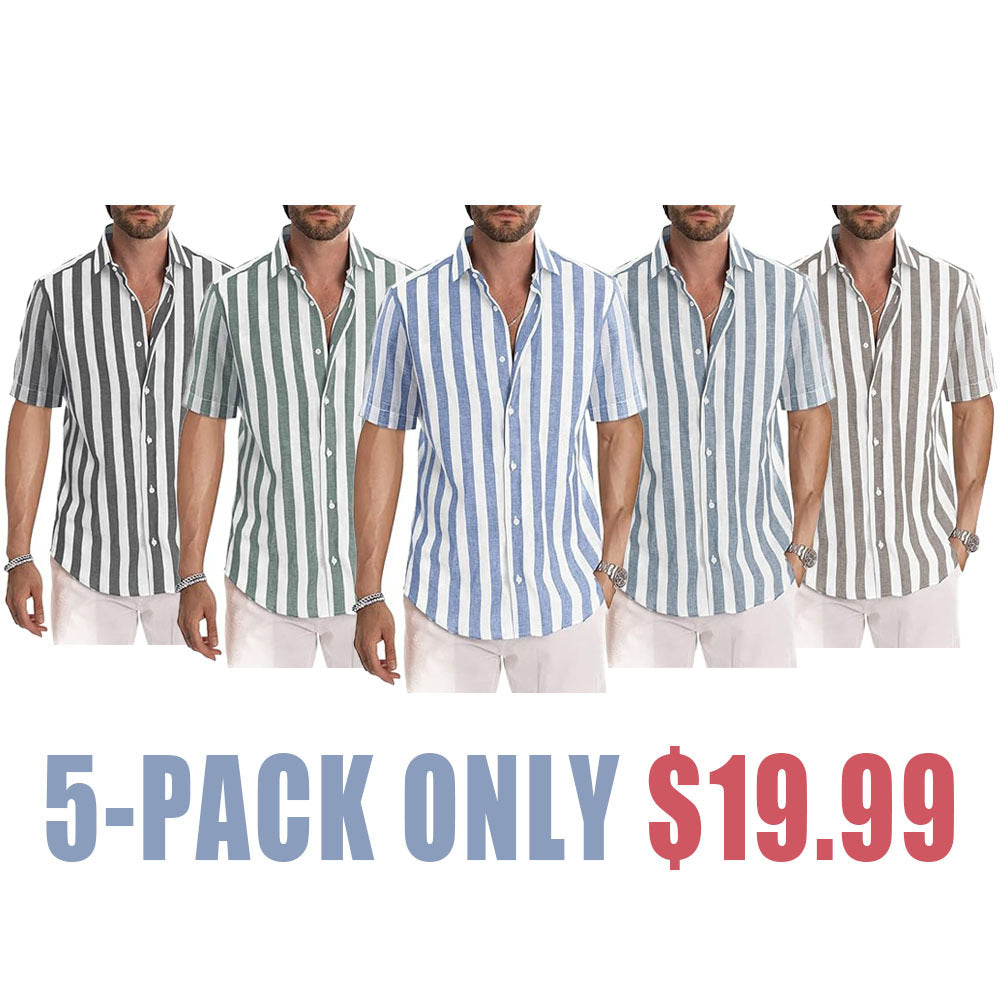 Casual Short Sleeve Button-Up Striped Cotton Shirts