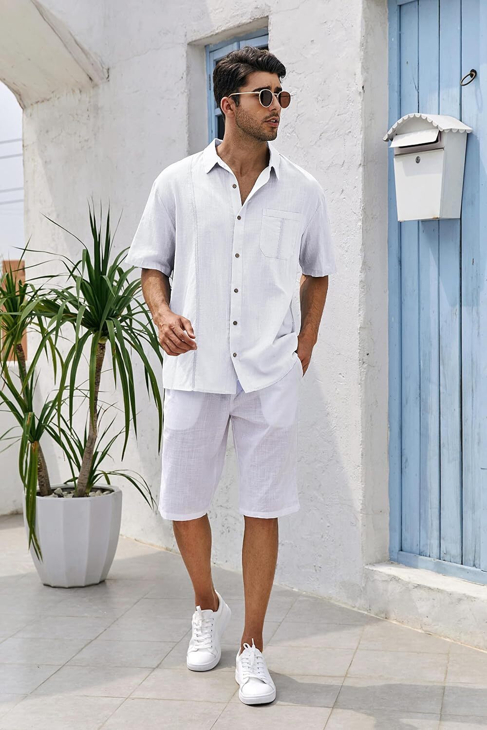 Mens Beach Linen Shirts Short Sleeve Cuban Button Down Casual Summer T Shirt Guayabera Hawaiian Tee Loose Fit Tops(💖Buy two, free shipping)