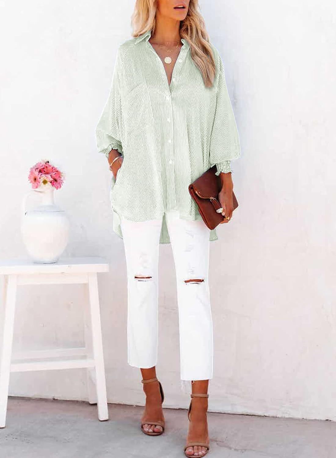 Women's Smocked Cuffed Striped Boyfriend Shirt with Pocket Casual Collar Long Sleeve Blouse Tops for Pocket Shirred.Clearance Items 2024