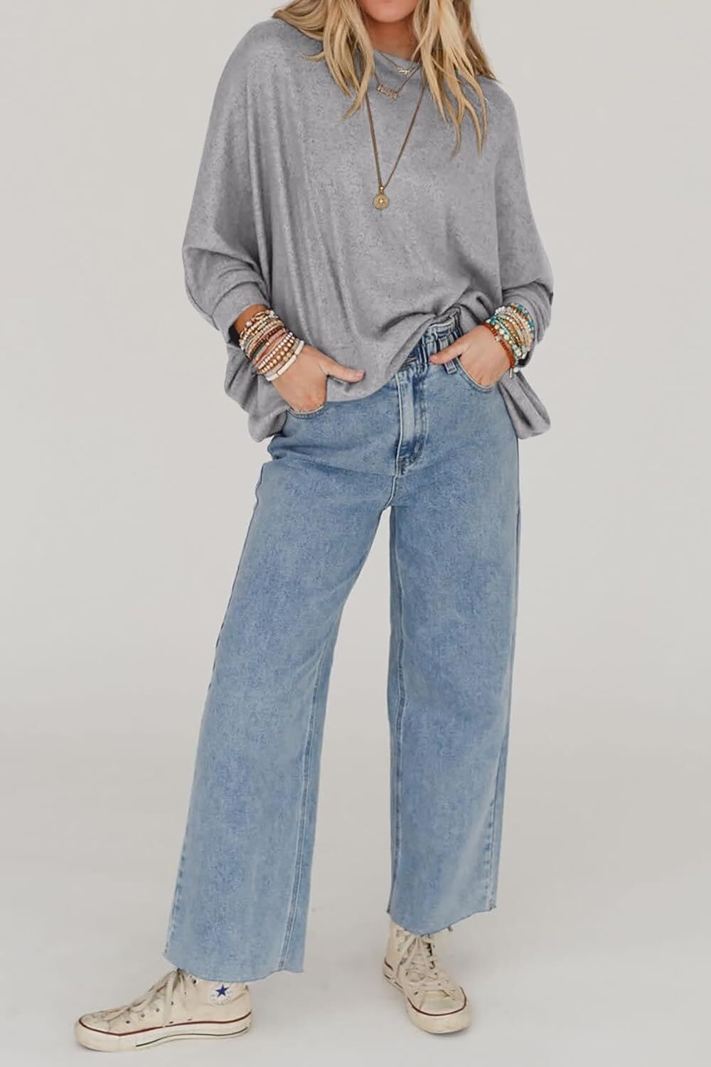Women's Fall Sweaters 2024 Casual Oversize Pullover Batwing Long Sleeve Drop Shoulder Sweater Loose Knit Jumper Tops