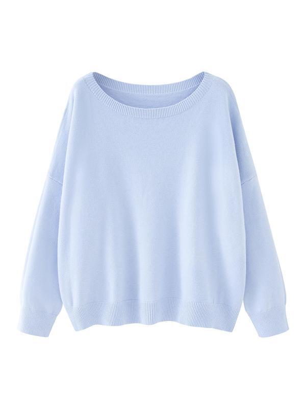 Women's Chic Plain Scoop Neck Knitted Long Sleeve Sweater, Lady Basic Comfort Drop Shoulder Crewneck Knitting Back To School Jumper, 2024 Knitwear Clothes, Womenswear