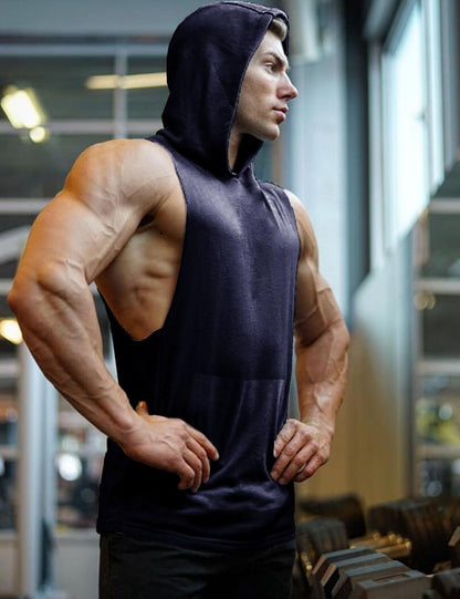 Men's Workout Hooded Tank Tops Bodybuilding Muscle Cut Off T Shirt Sleeveless Gym Hoodies
