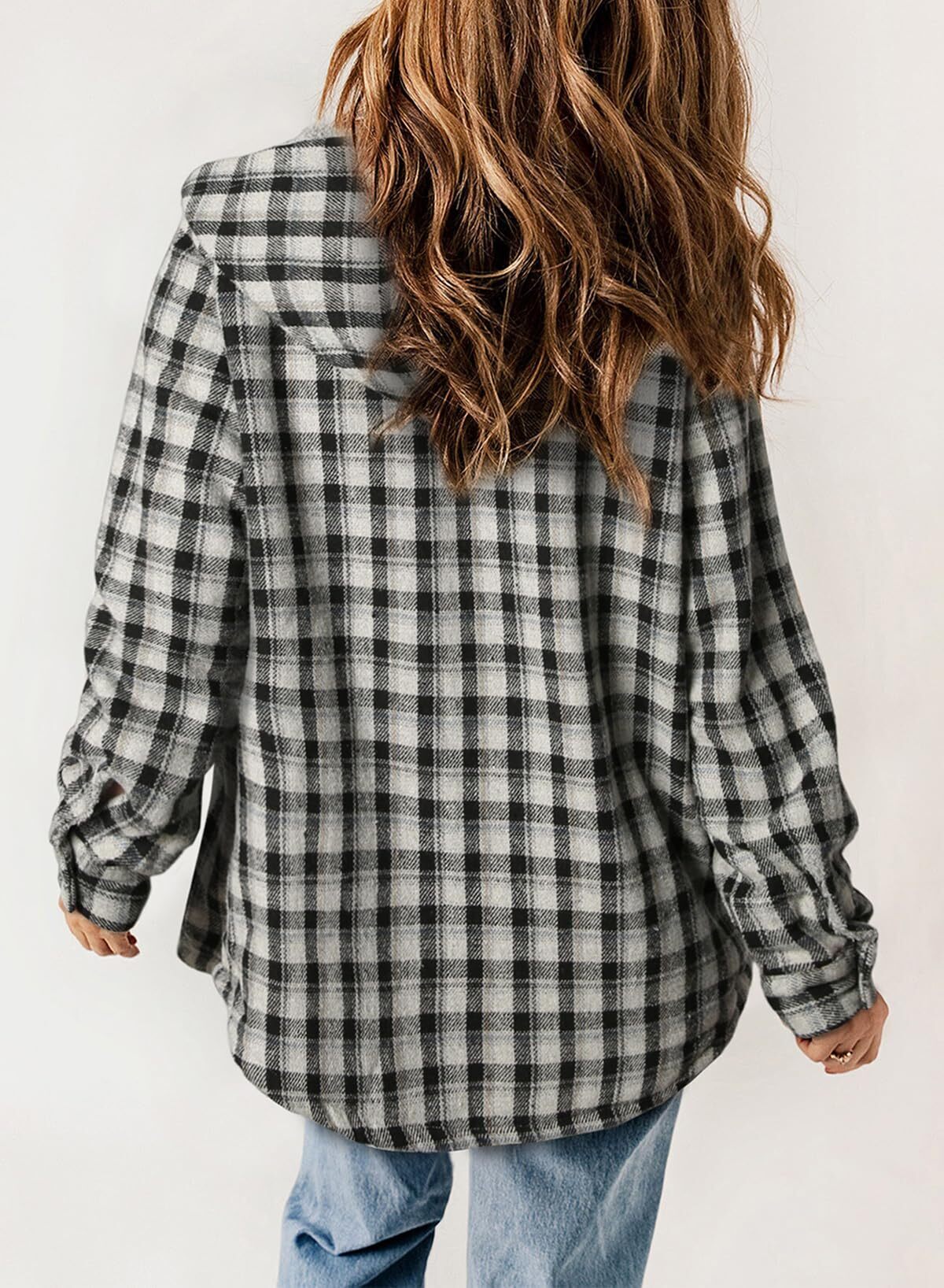 Women's Plaid Long Sleeve Button Fleece Hooded Jacket With Pockets