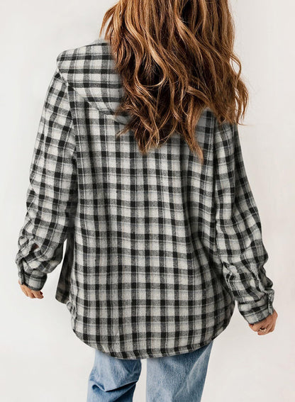 Women's Plaid Long Sleeve Button Fleece Hooded Jacket With Pockets