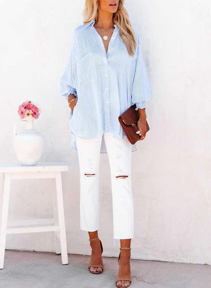 Women's Smocked Cuffed Striped Boyfriend Shirt with Pocket Casual Collar Long Sleeve Blouse Tops for Pocket Shirred.Clearance Items 2024