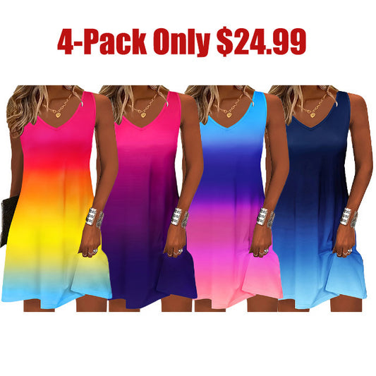 Vibrant Ombre V-Neck Tank Dress - Soft Micro Elastic Polyester Casual Summer Dress for Women