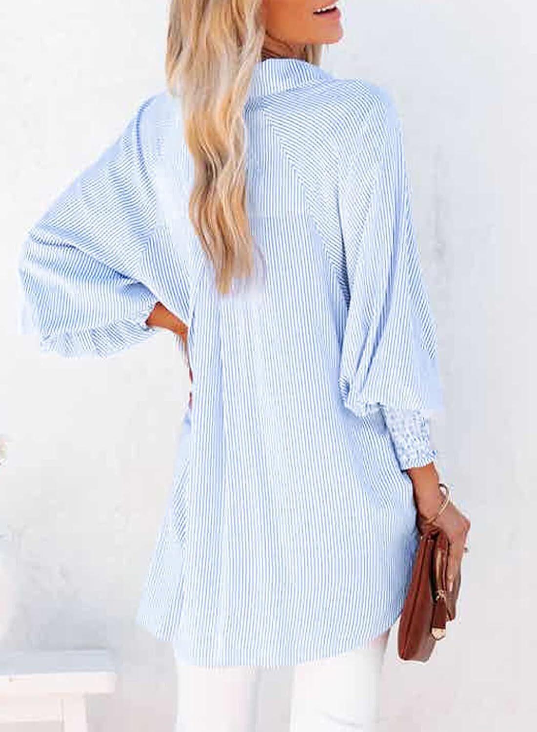 Women's Smocked Cuffed Striped Boyfriend Shirt with Pocket Casual Collar Long Sleeve Blouse Tops for Pocket Shirred.Clearance Items 2024