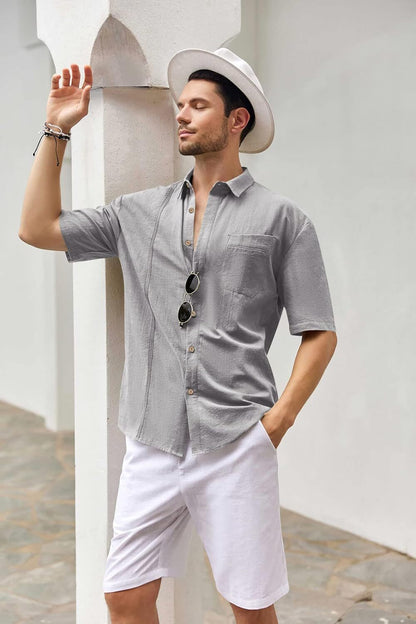 Mens Beach Linen Shirts Short Sleeve Cuban Button Down Casual Summer T Shirt Guayabera Hawaiian Tee Loose Fit Tops(💖Buy two, free shipping)