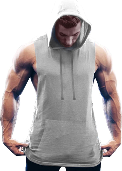 Men's Workout Hooded Tank Tops Bodybuilding Muscle Cut Off T Shirt Sleeveless Gym Hoodies