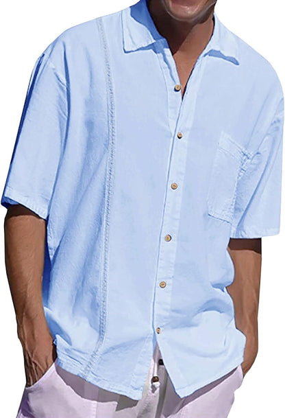 Mens Beach Linen Shirts Short Sleeve Cuban Button Down Casual Summer T Shirt Guayabera Hawaiian Tee Loose Fit Tops(💖Buy two, free shipping)