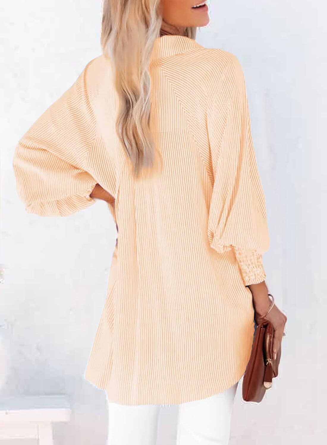 Women's Smocked Cuffed Striped Boyfriend Shirt with Pocket Casual Collar Long Sleeve Blouse Tops for Pocket Shirred.Clearance Items 2024