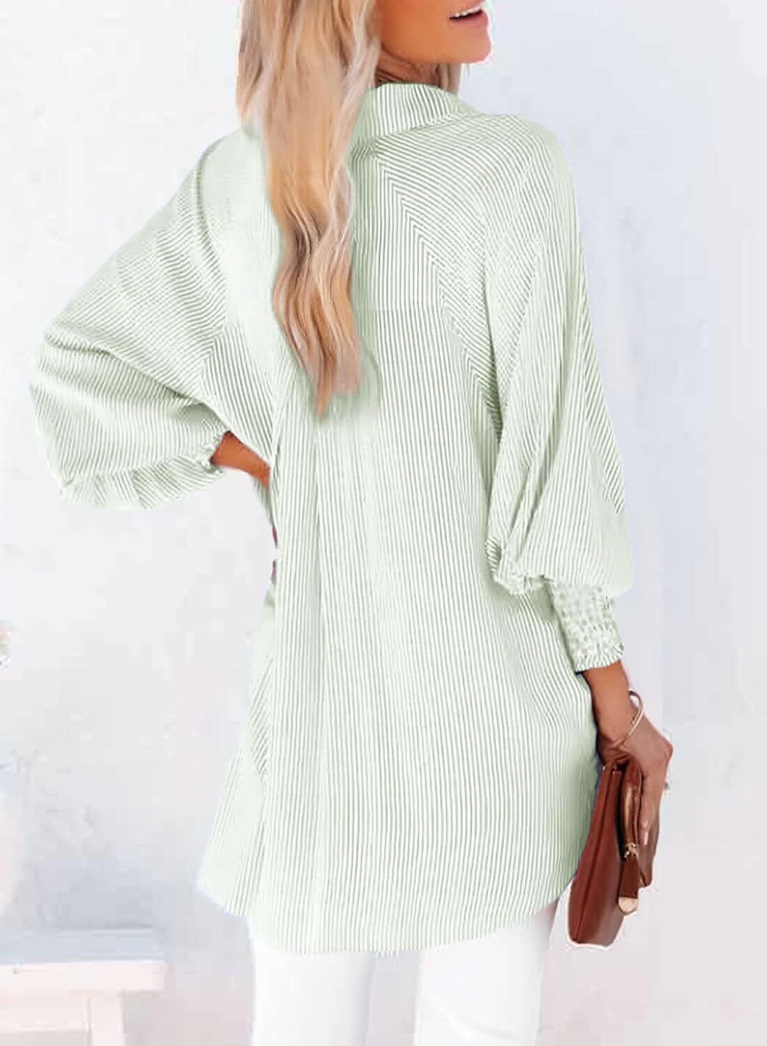 Women's Smocked Cuffed Striped Boyfriend Shirt with Pocket Casual Collar Long Sleeve Blouse Tops for Pocket Shirred.Clearance Items 2024