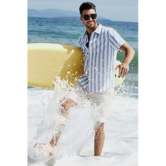 Casual Short Sleeve Button-Up Striped Cotton Shirts